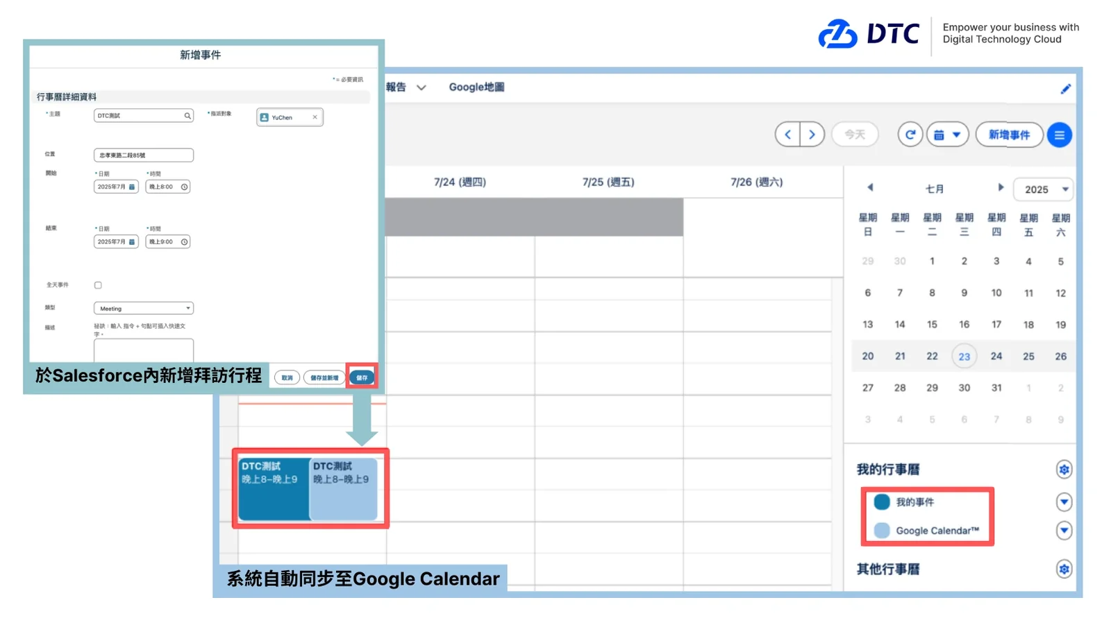 在 Salesforce 建立的拜訪行程,可自動同步至 Google Calendar,不再因系統切換而耗費心力。